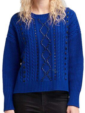DKNY Womens Faux Leather Cable Knit Sweater